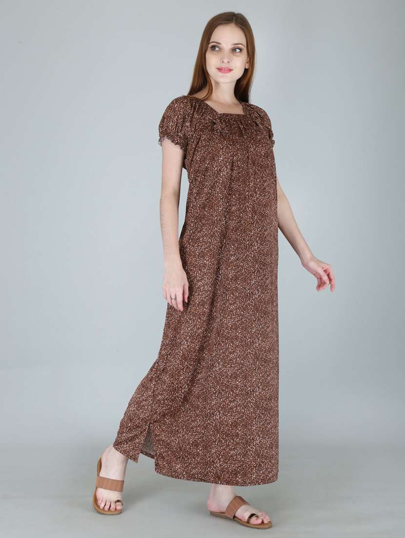 women brown printed nighty - 19295336 - Standard Image - 1