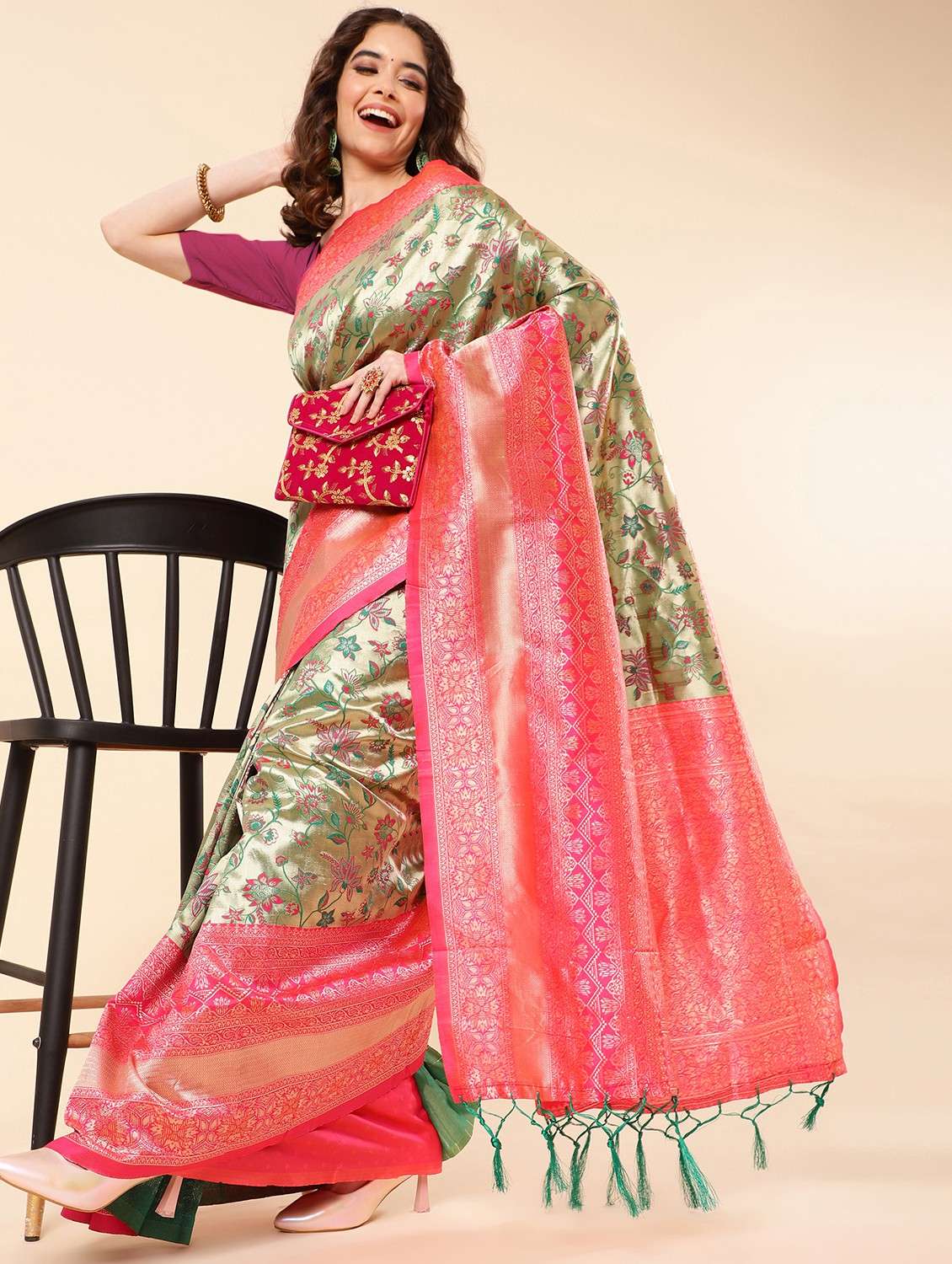 women's self design olive colored saree with blouse