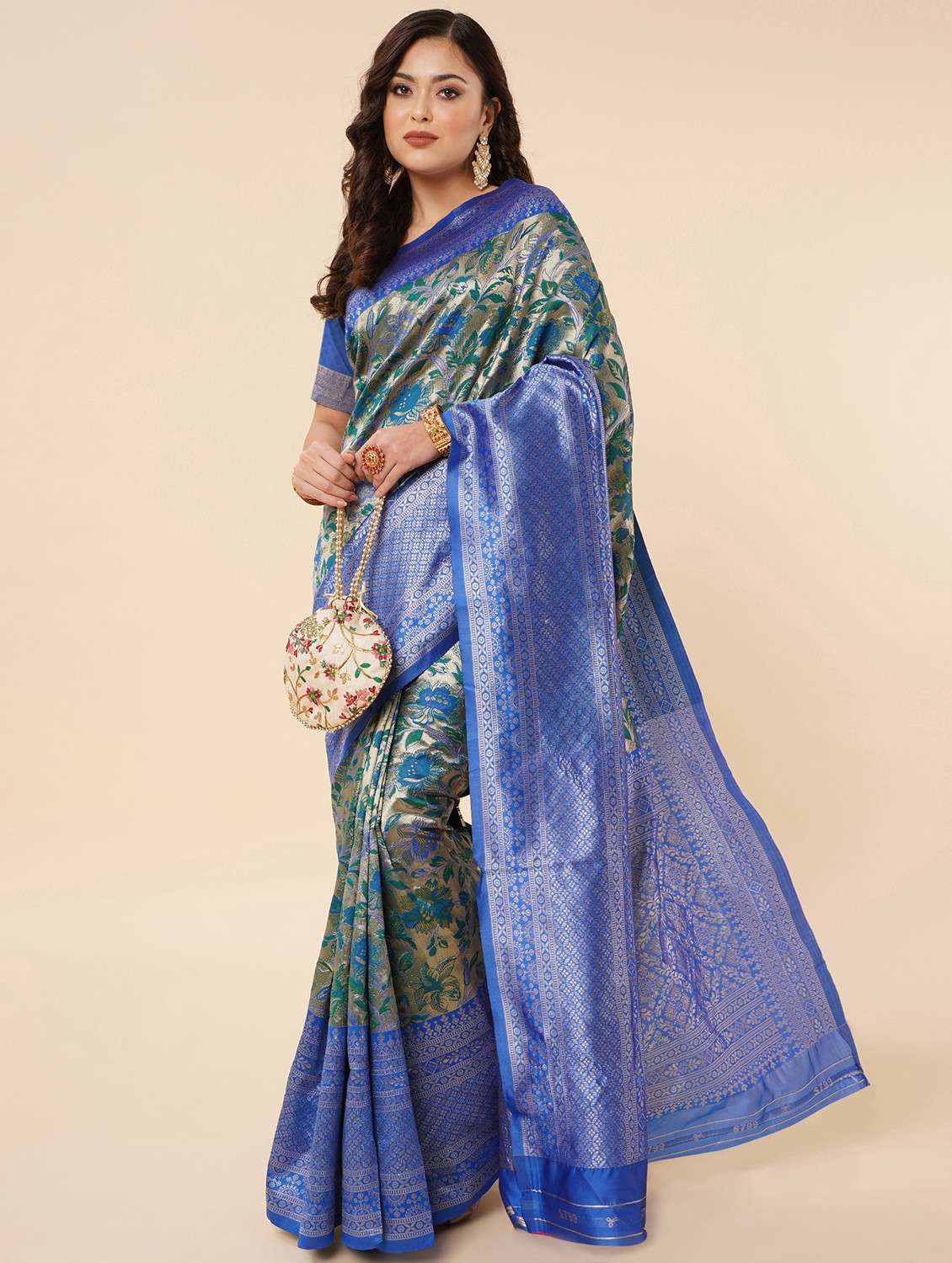 women's floral blue colored saree with blouse