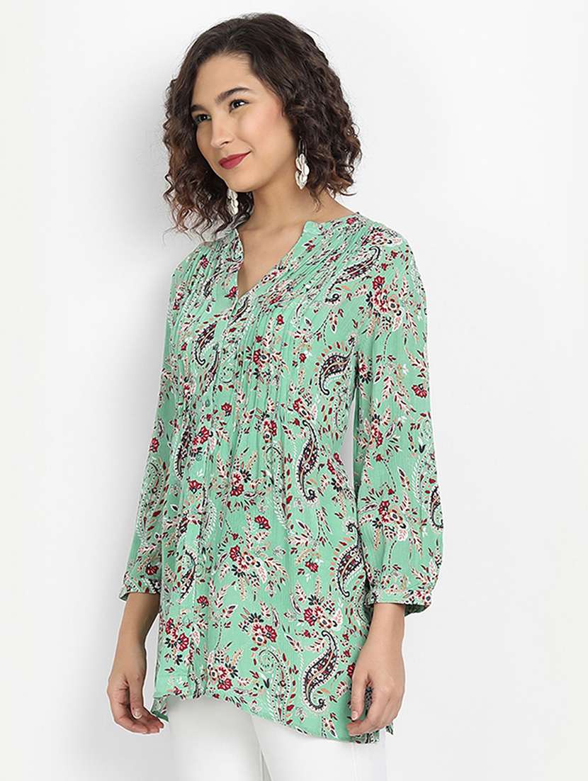 green mandarin neck printed asymmetric top - 19298390 -  Standard Image - 1