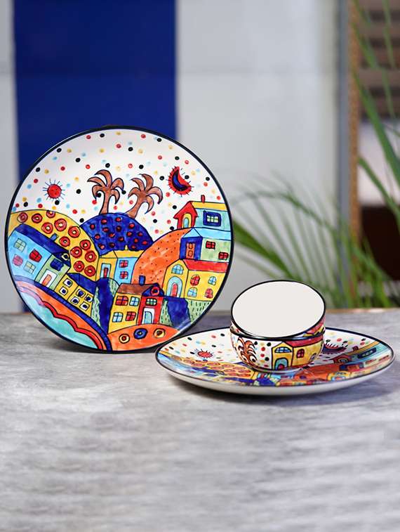freakway ceramic 'hut dining pack' handpainted dinner set (2 plates 10 inch, 2 bowls, multicolor)