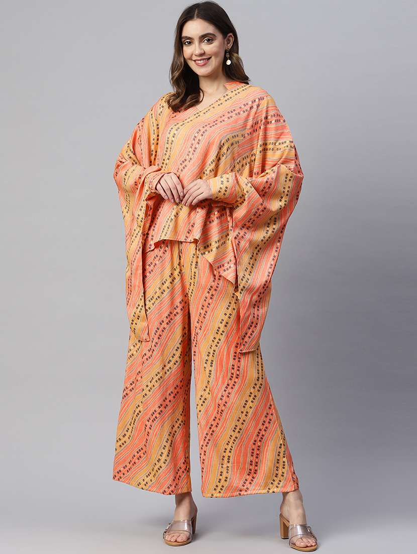 orange printed top and palazzos set set
