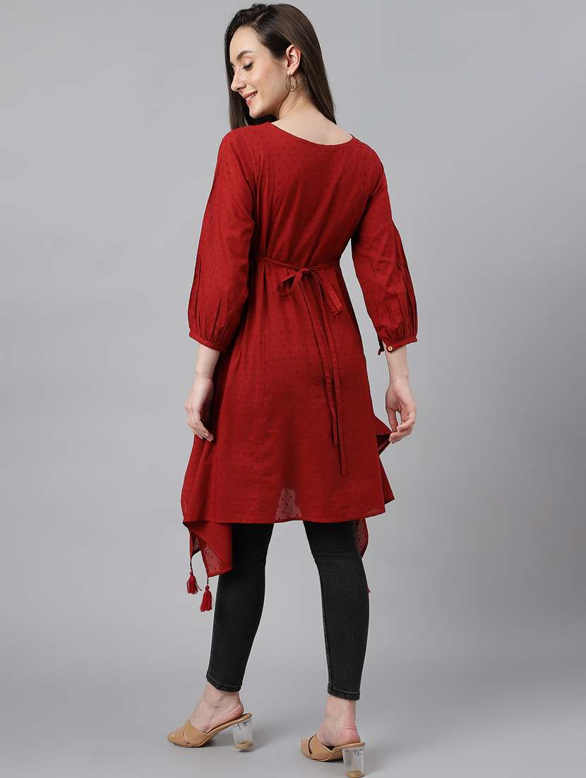 women maroon self design long sleeve kurta - 19300228 -  Standard Image - 4