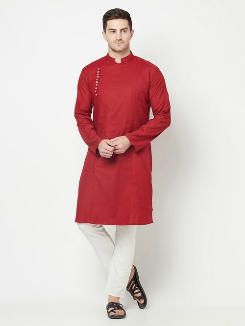 red solid side button long kurta - 19300371 - Standard Image - 0