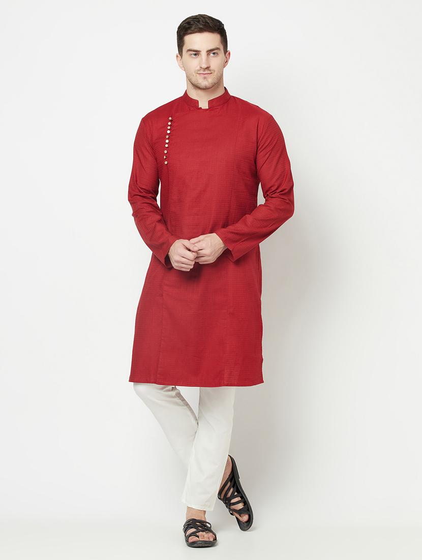 red solid side button long kurta - 19300371 - Zoom Image - 0