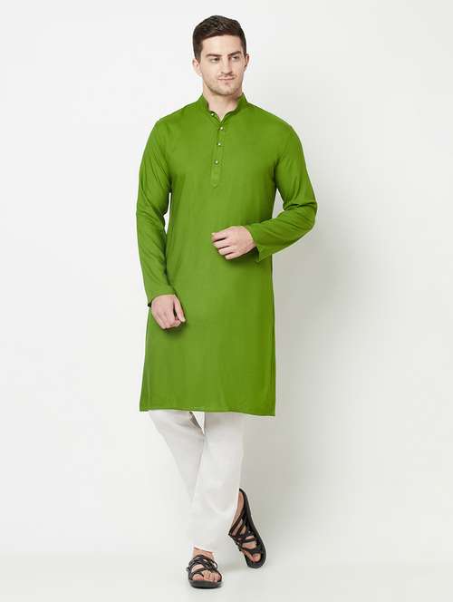 green solid side button long kurta - 19300376 - Standard Image - 0