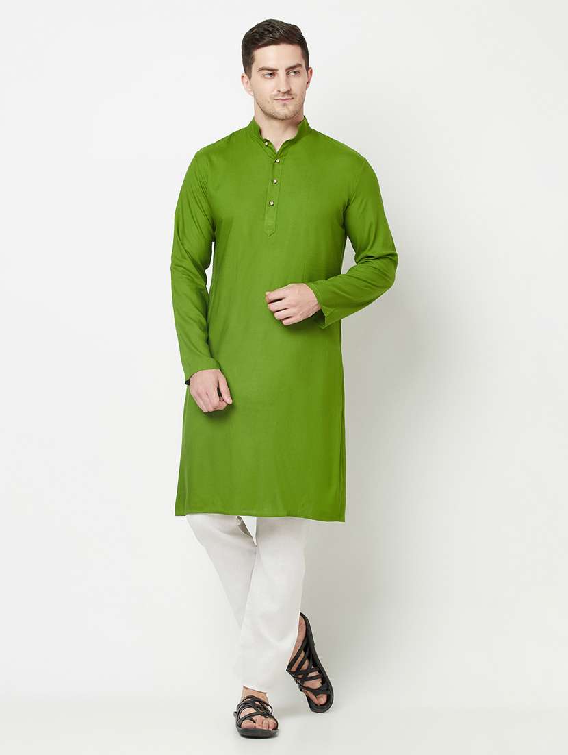 green solid side button long kurta - 19300376 - Zoom Image - 0