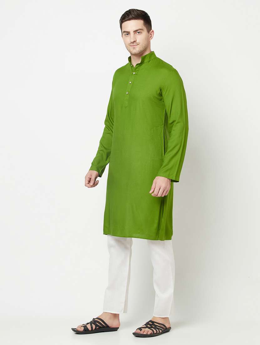 green solid side button long kurta - 19300376 - Standard Image - 1