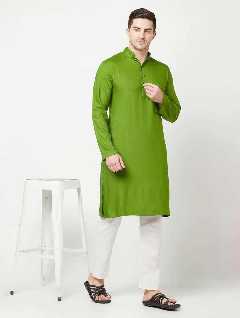 green solid side button long kurta - 19300376 - Standard Image - 4