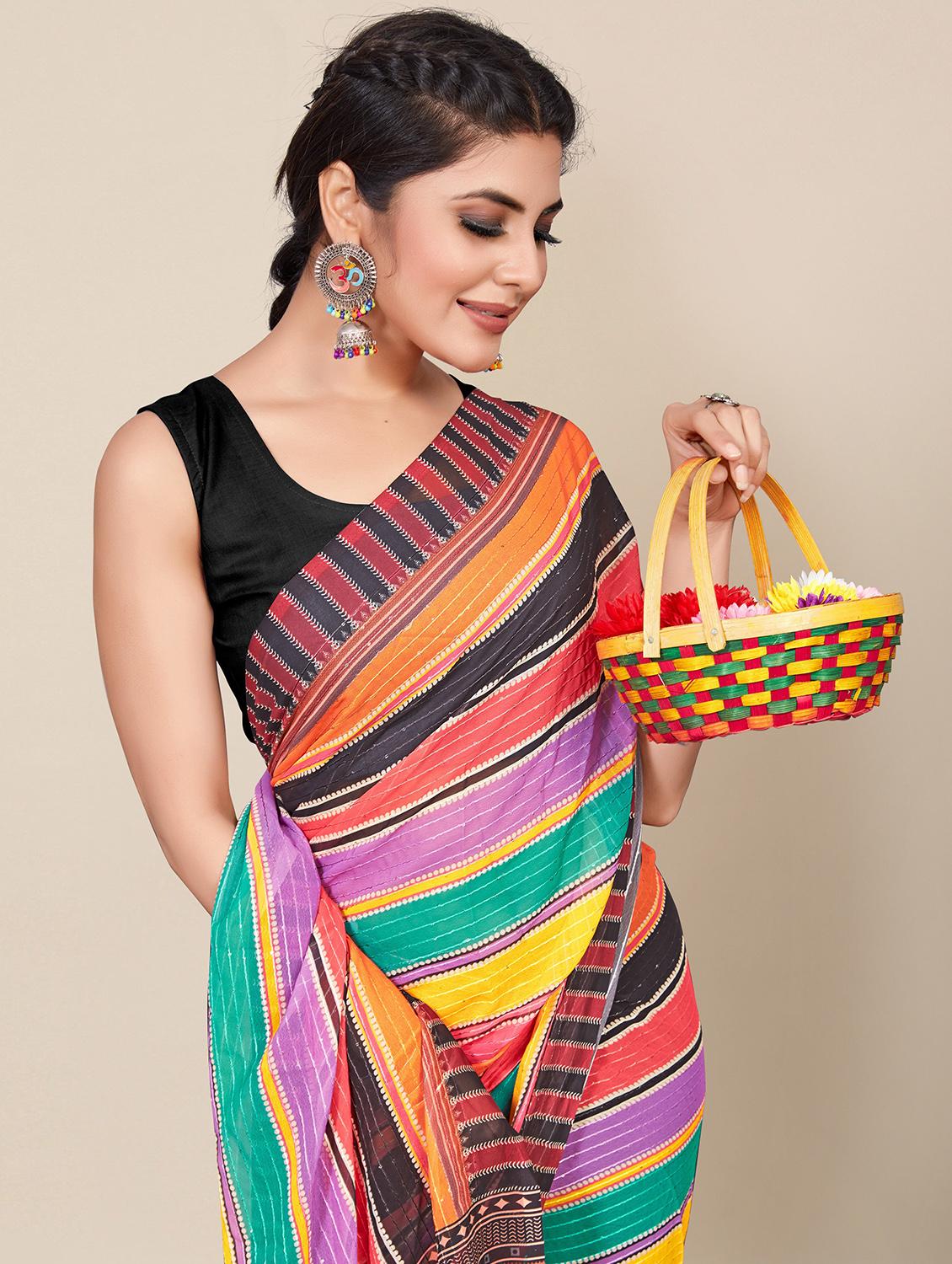 black striped saree with blouse - 19300885 - Standard Image - 1