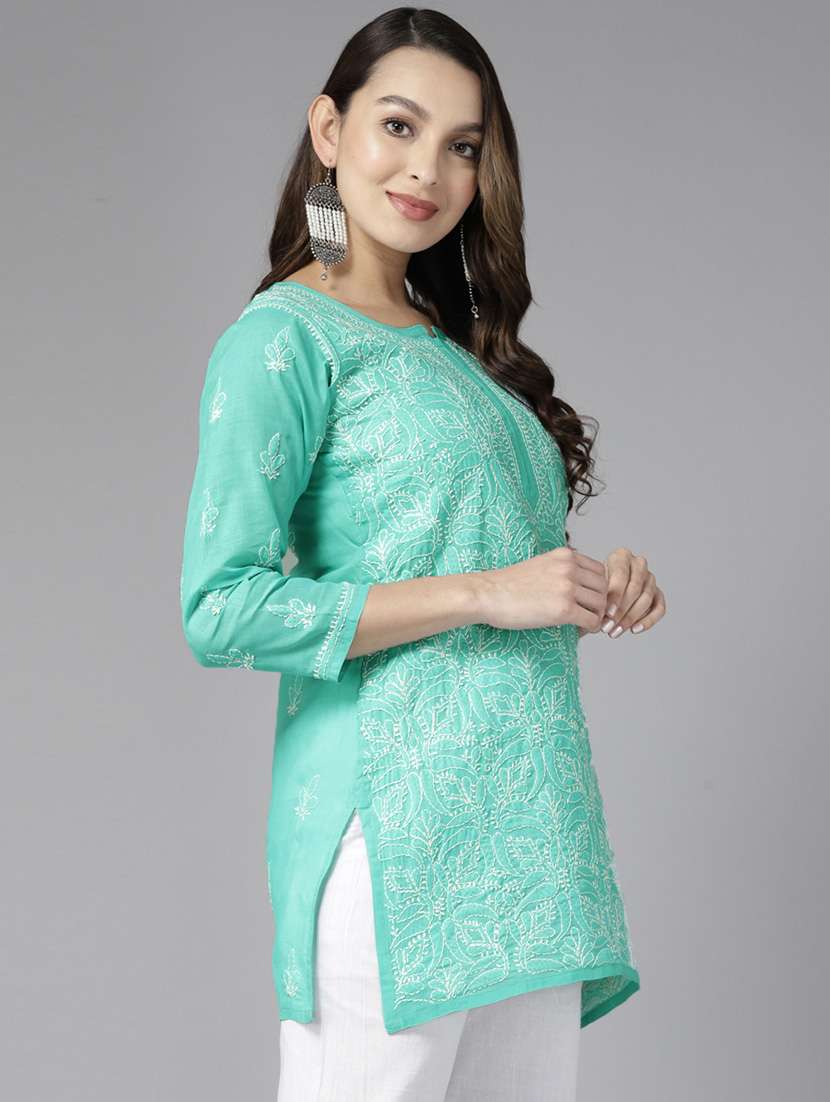 Ada Women's Hand Embroidered Sea Green Cotton Lucknowi Chikankari Straight Kurti - 19303407 -  Standard Image - 1