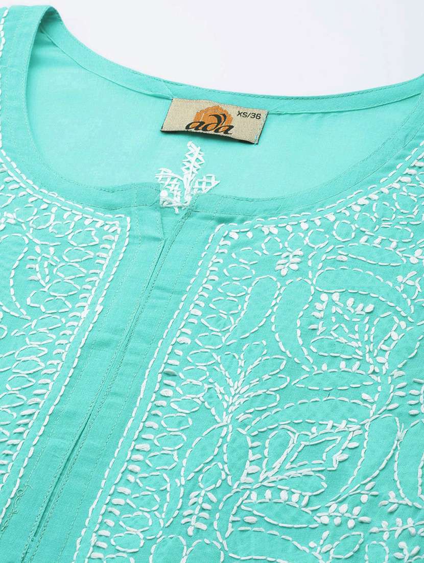 Ada Women's Hand Embroidered Sea Green Cotton Lucknowi Chikankari Straight Kurti - 19303407 -  Standard Image - 4