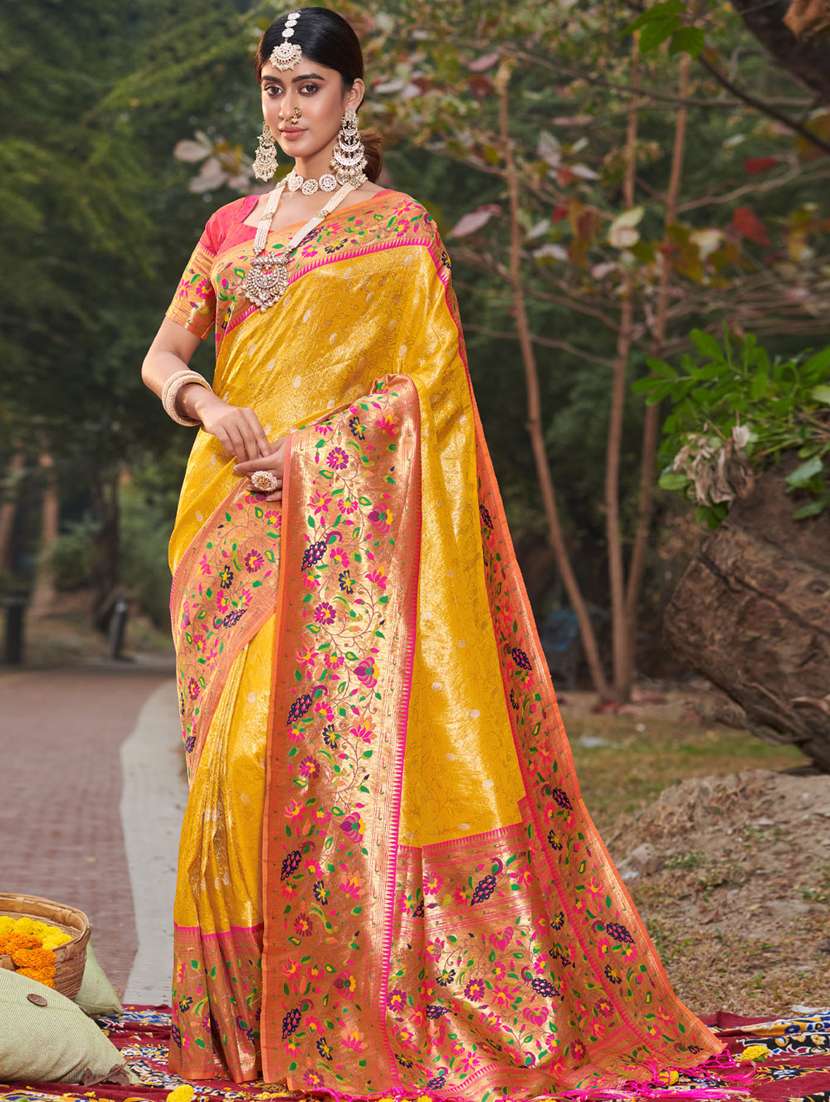 women's self design yellow colored saree with blouse
