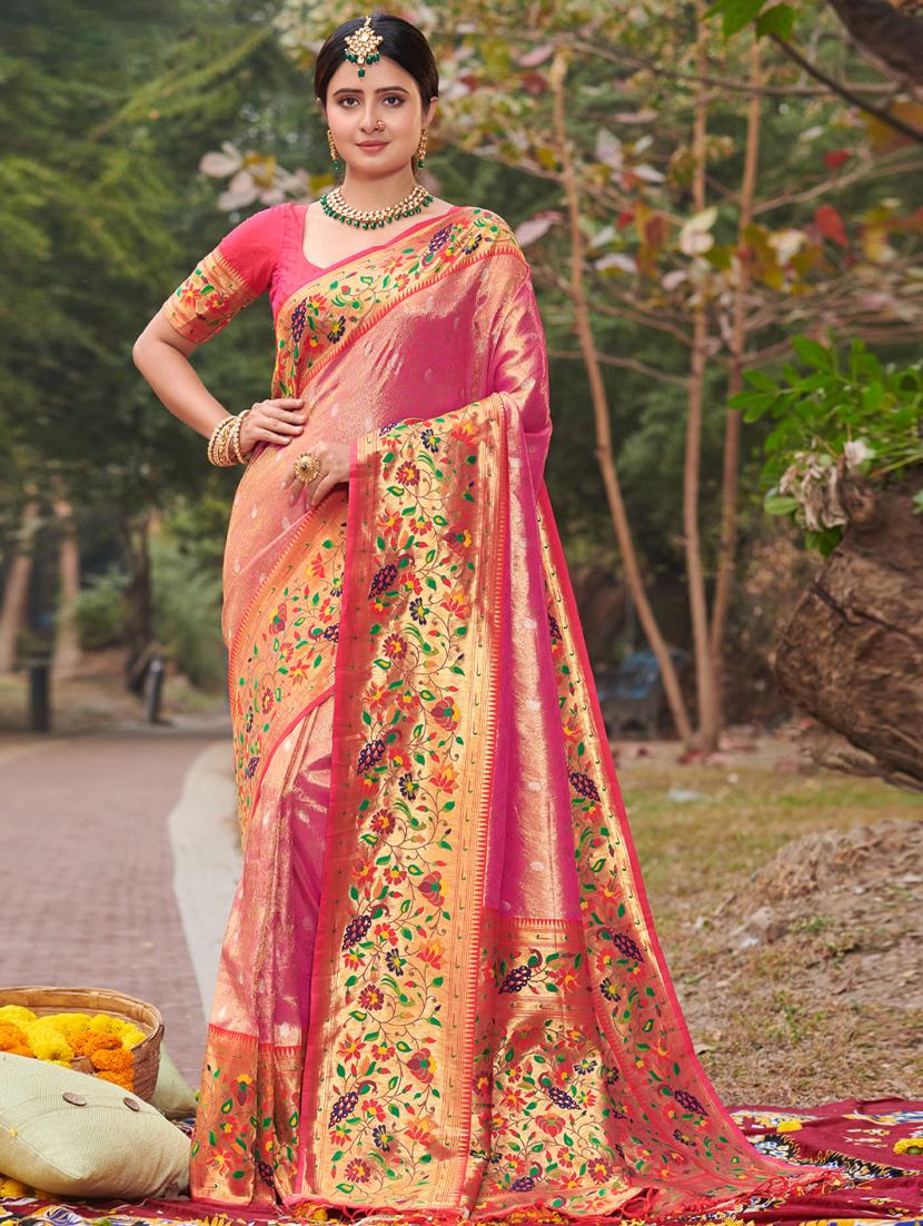 women's self design pink colored saree with blouse - 19303910 -  Zoom Image - 0