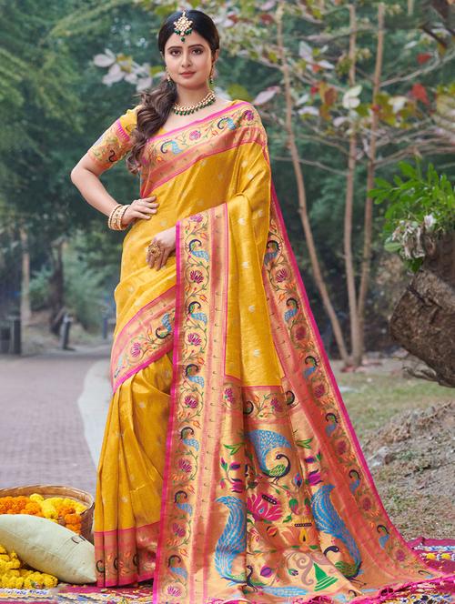 women's self design gold colored saree with blouse - 19303915 -  Standard Image - 0
