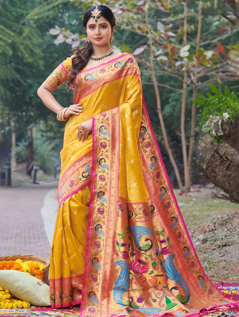 women's self design gold colored saree with blouse - 19303915 -  Zoom Image - 0