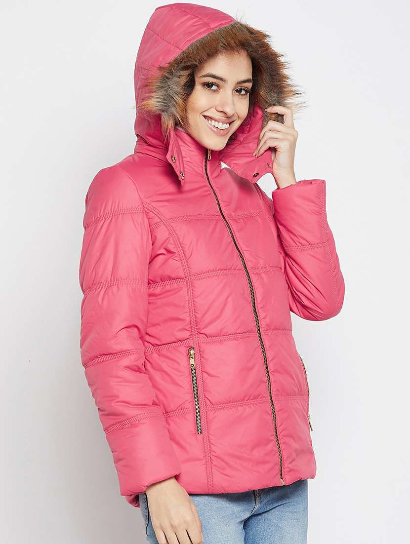 hooded collar solid padded jacket - 19304383 -  Standard Image - 1