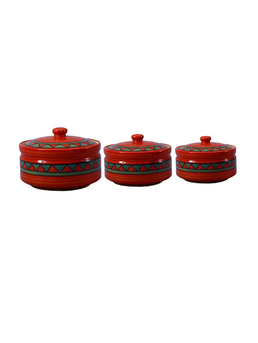 caffeine ceramic handmade rustic brown serving casserole with lid (set of 3)