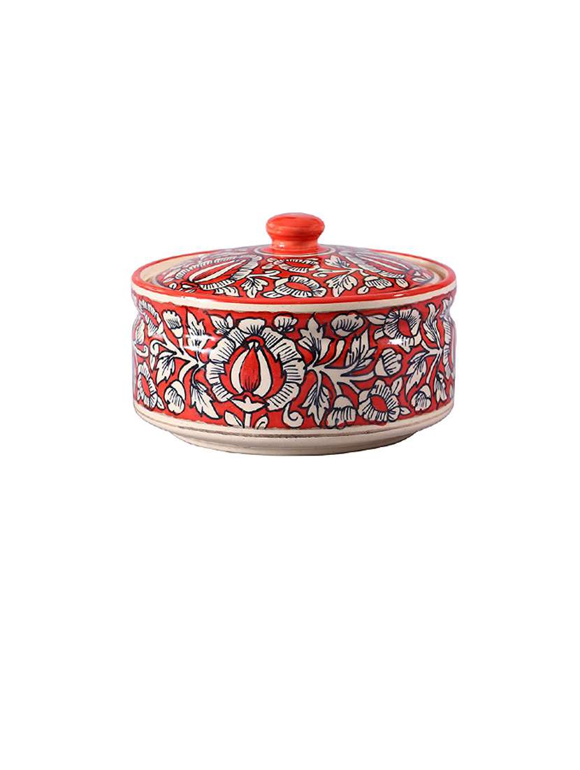 caffeine ceramic handmade red mughal serving donga with lid (set of 3, 1 large, 1 medium, 1 small)