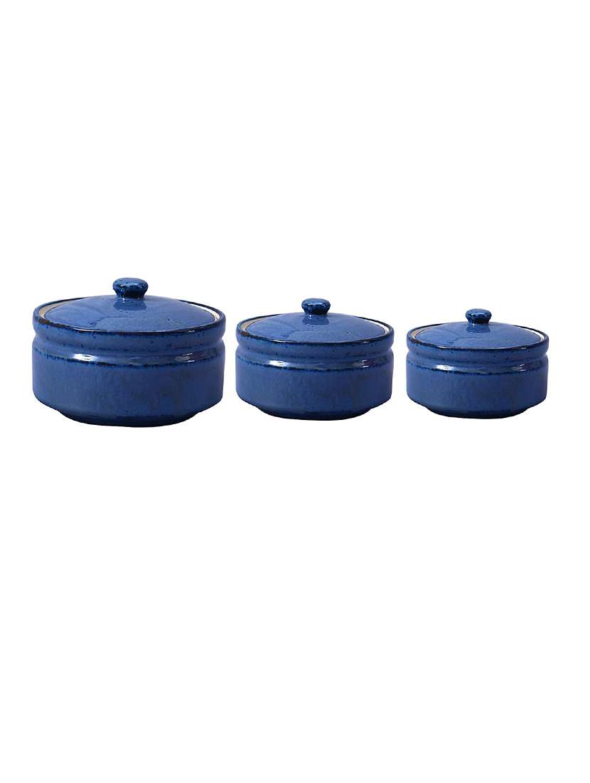 caffeine ceramic handmade blue ferrous serving donga with lid (set of 3)