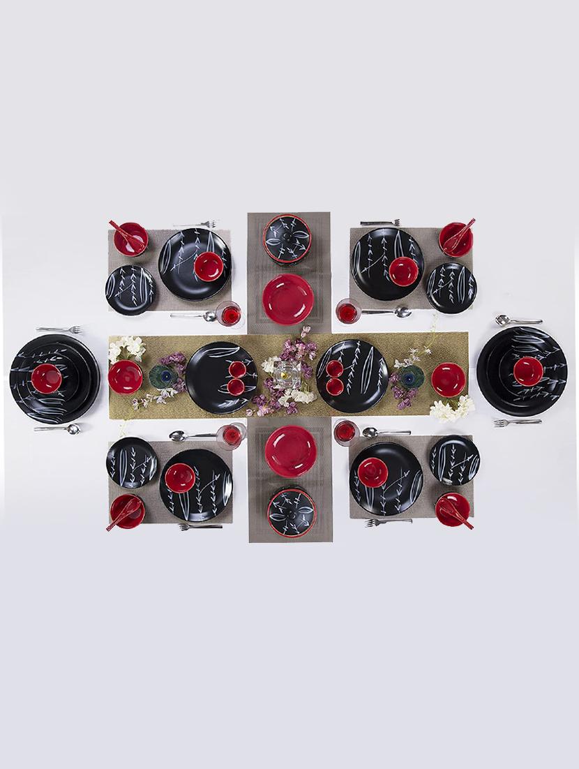 caffeine ceramic handmade red and black bamboo dinner set (37 pieces - microwave & dishwasher safe)