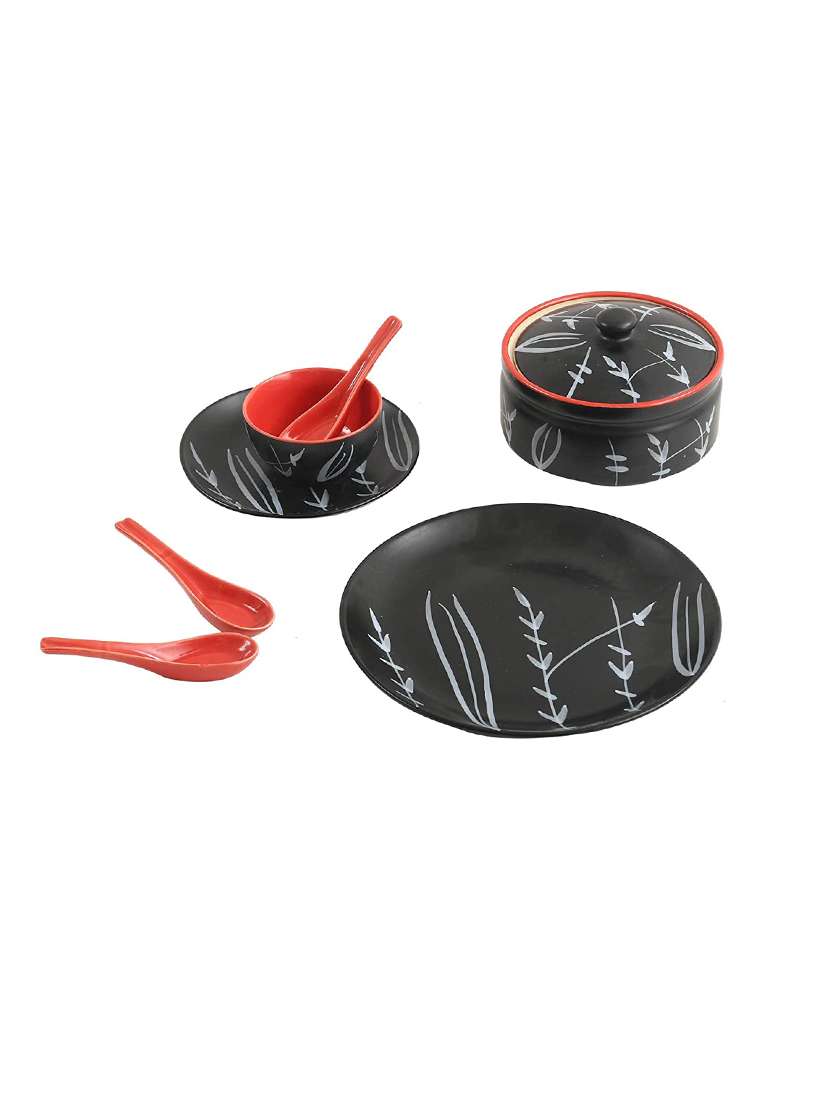 caffeine ceramic handmade red and black bamboo dinner set (37 pieces - microwave & dishwasher safe) - 19304435 -  Standard Image - 1