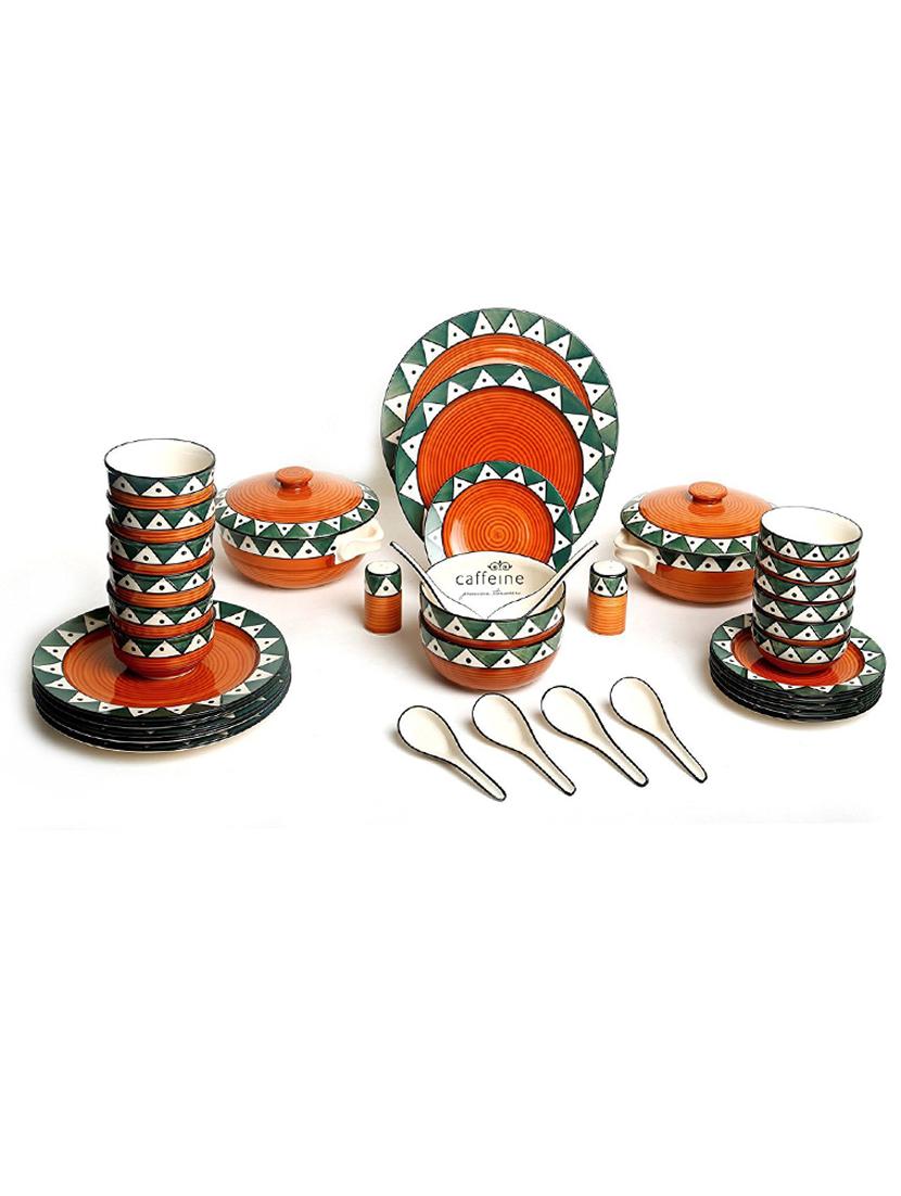 caffeine ceramic handmade green and orange dinner set (37 pcs)