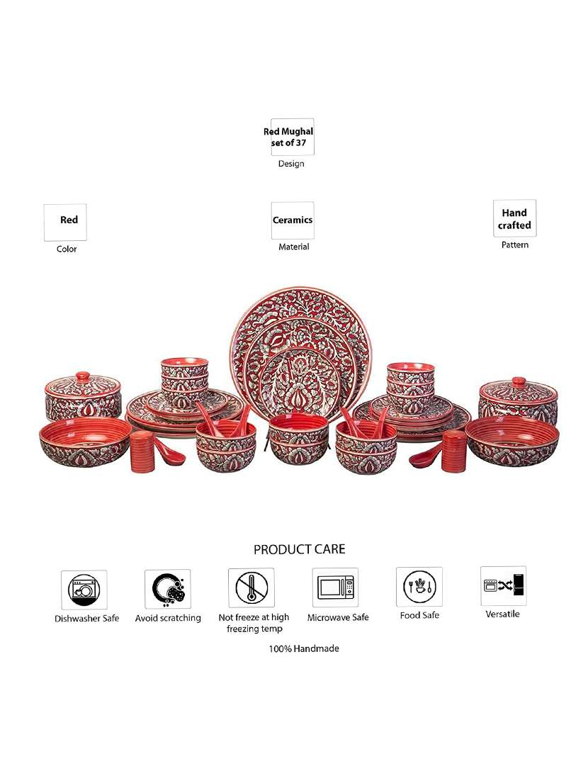 caffeine ceramic handmade red mughal dinner set (37 pieces - microwave & dishwasher safe) - 19304442 -  Standard Image - 1