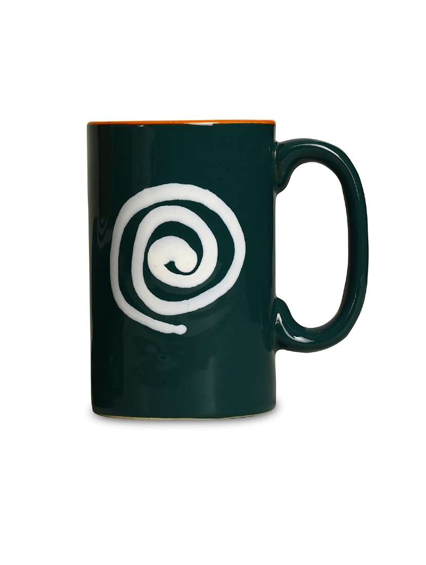 caffeine ceramic stonwear handmade green & white doodle print coffee mug (set of 2)