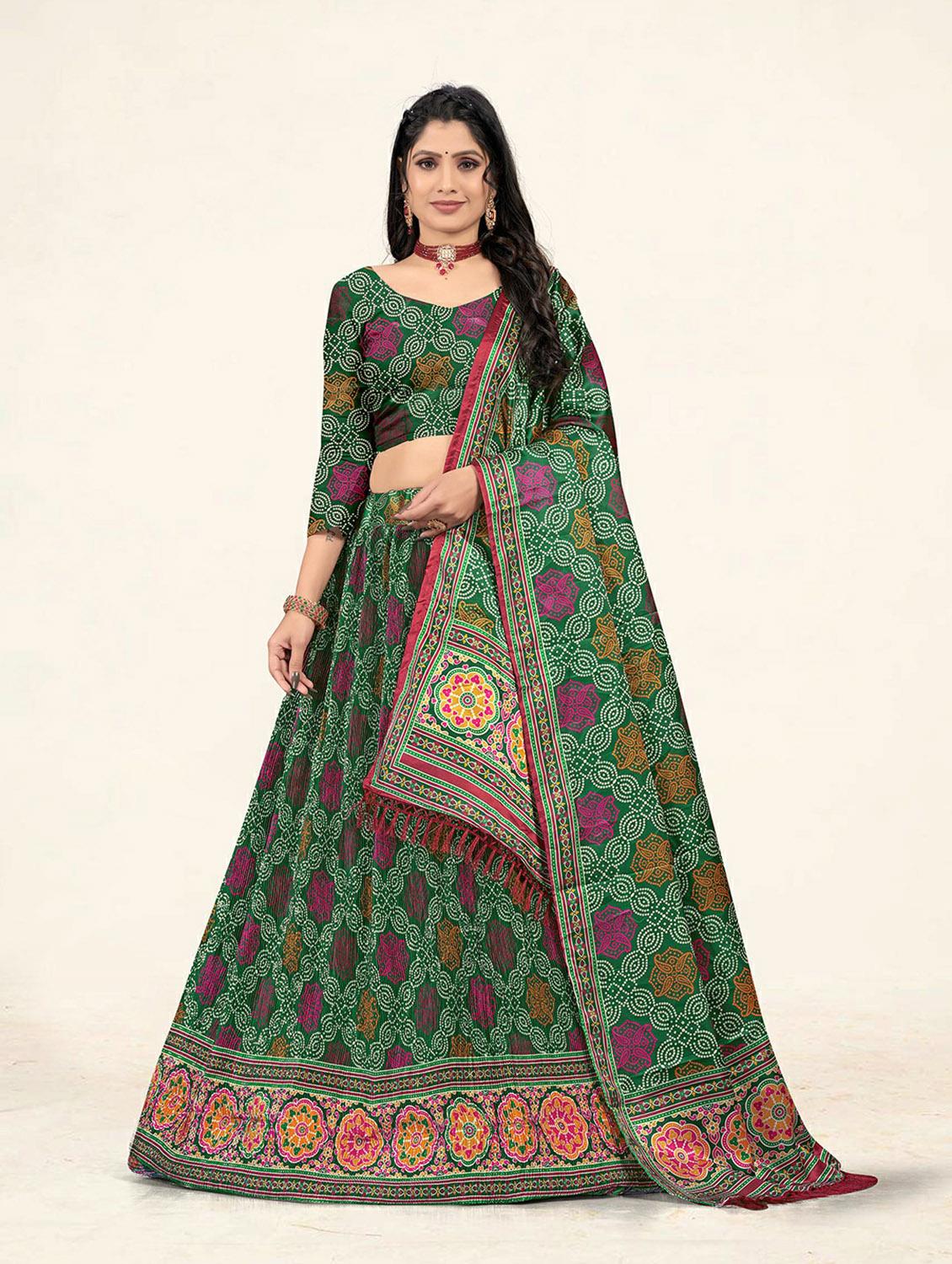 green bandhani printed a-line lehenga - 19304679 - Standard Image - 1