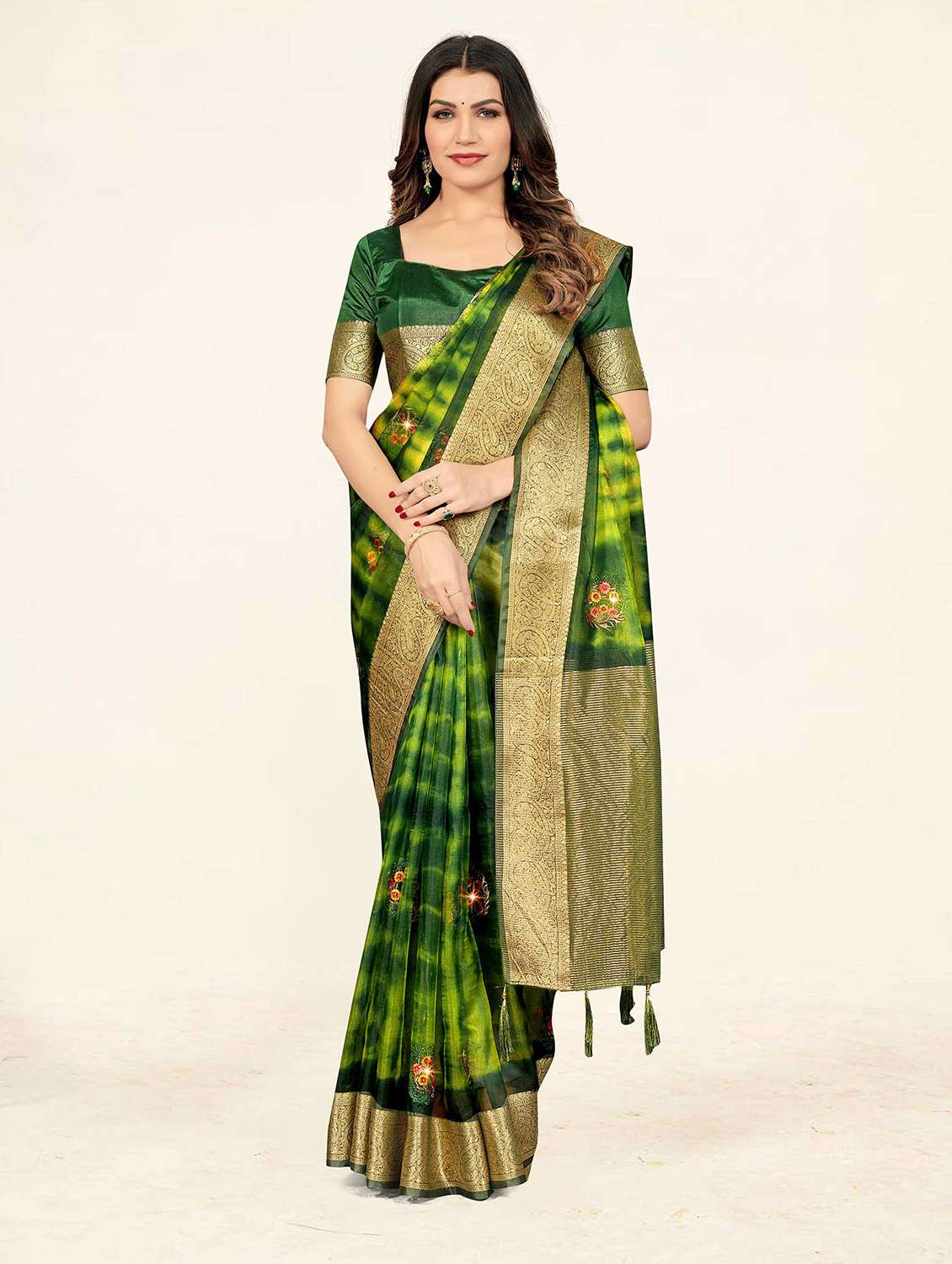 self design printed woven saree with blouse - 19304728 - Standard Image - 1