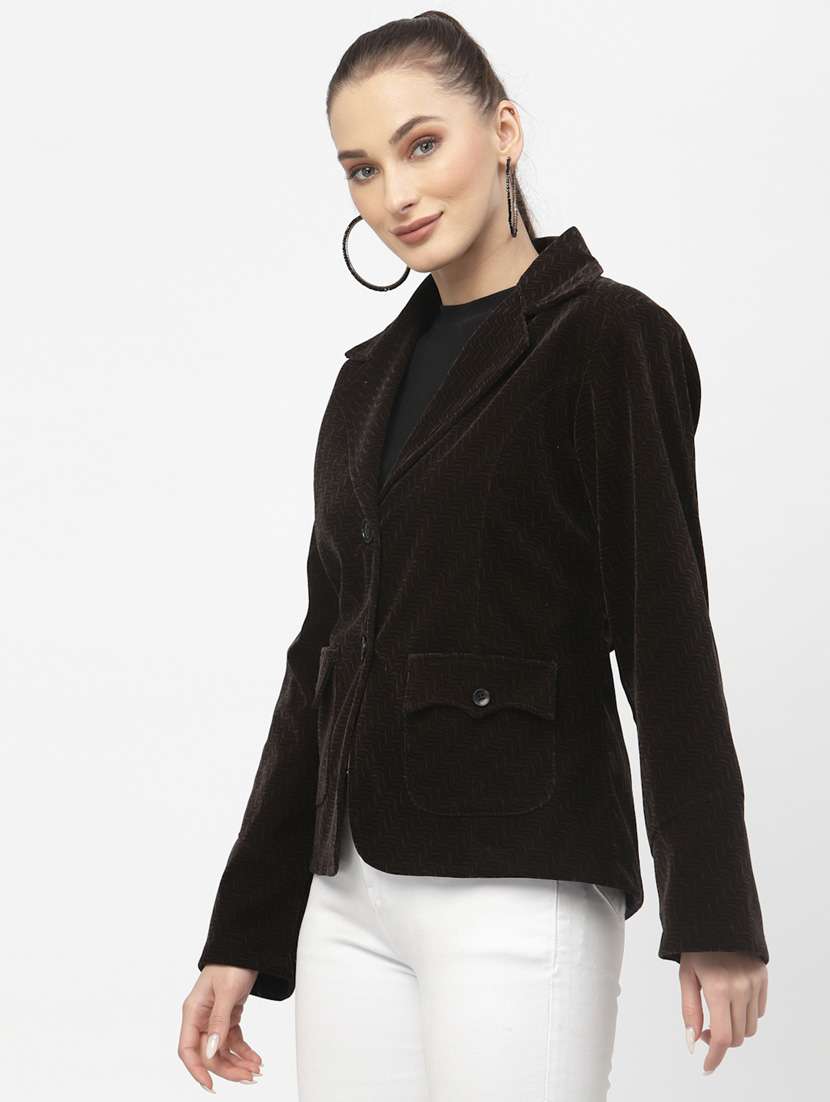 brown solid velvet casual blazer - 19304898 - Standard Image - 1