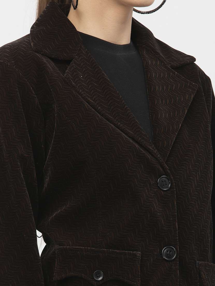 brown solid velvet casual blazer - 19304898 - Standard Image - 4
