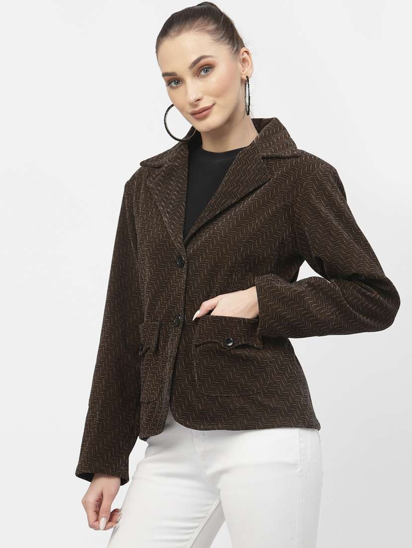 brown solid velvet casual blazer - 19304899 - Standard Image - 1