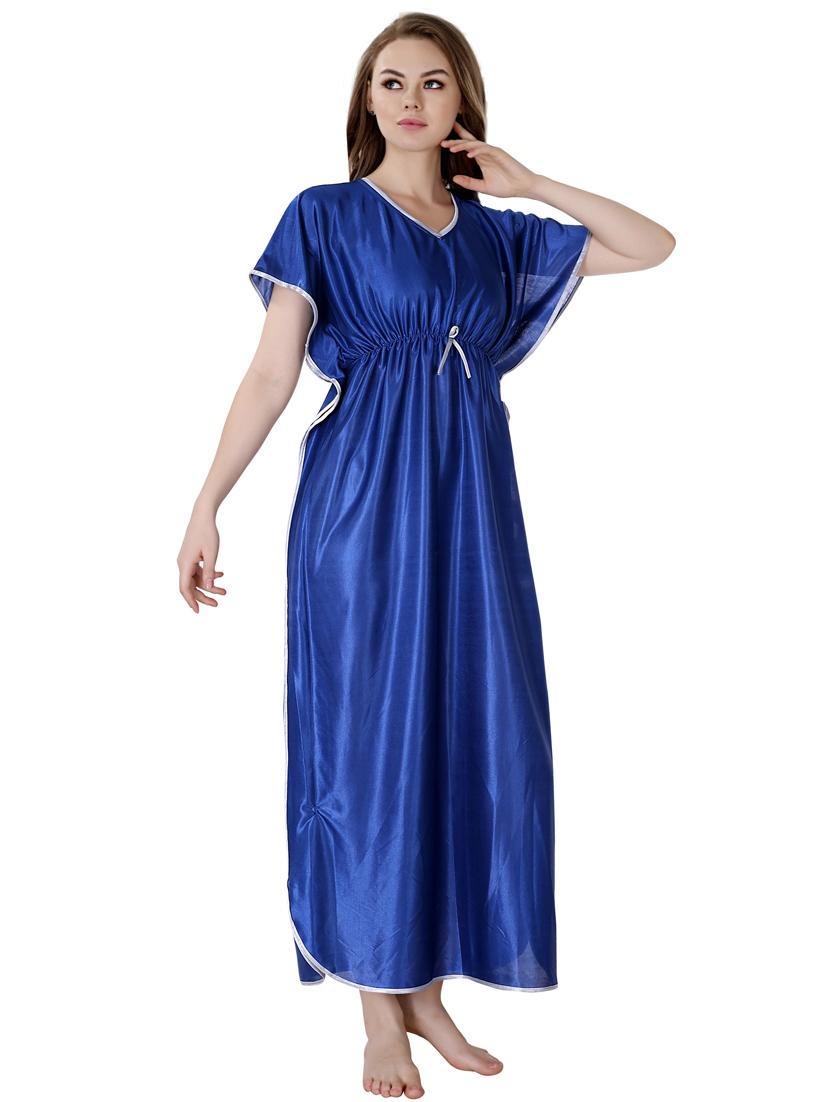 blue solid satin nighty - 19313229 -  Standard Image - 1