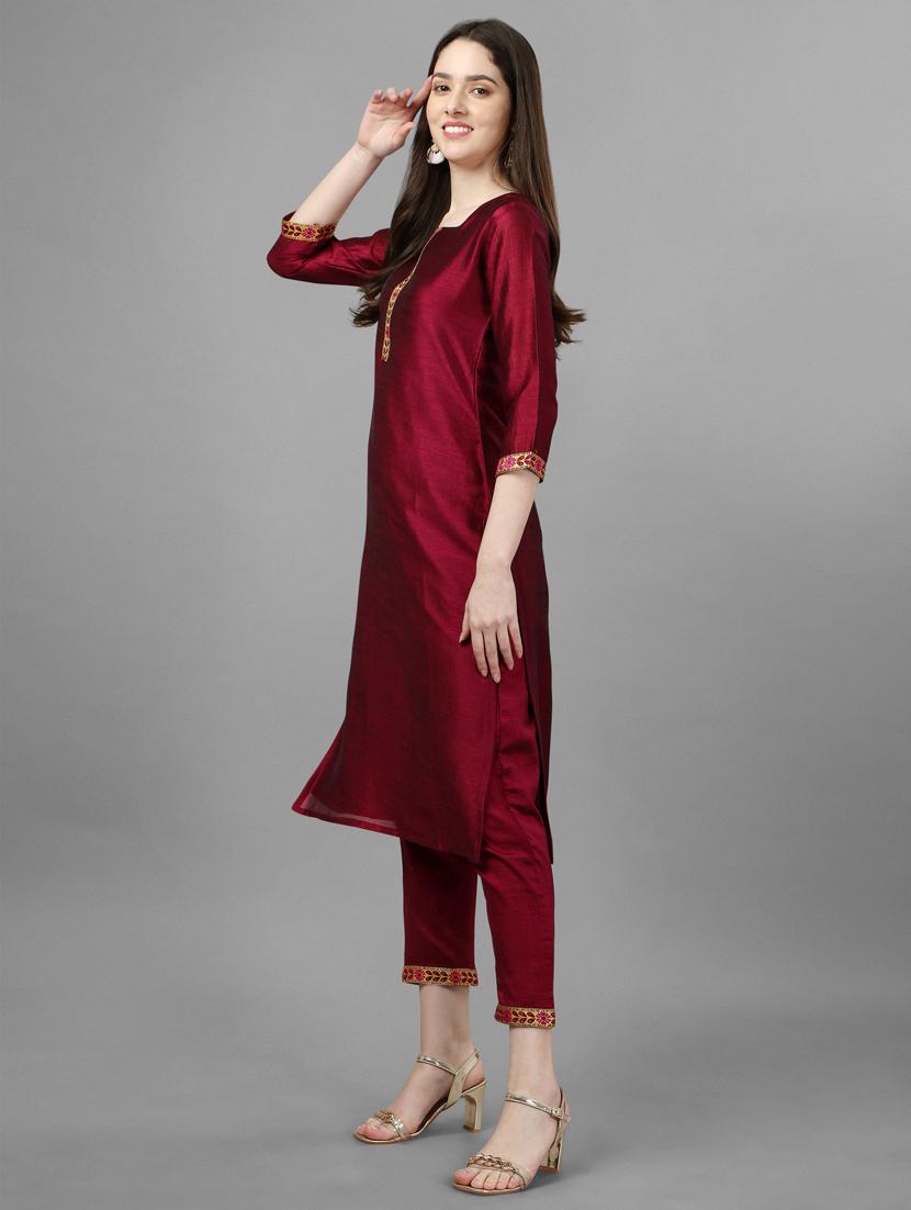 red silk kurta pant set - 19313573 - Standard Image - 1