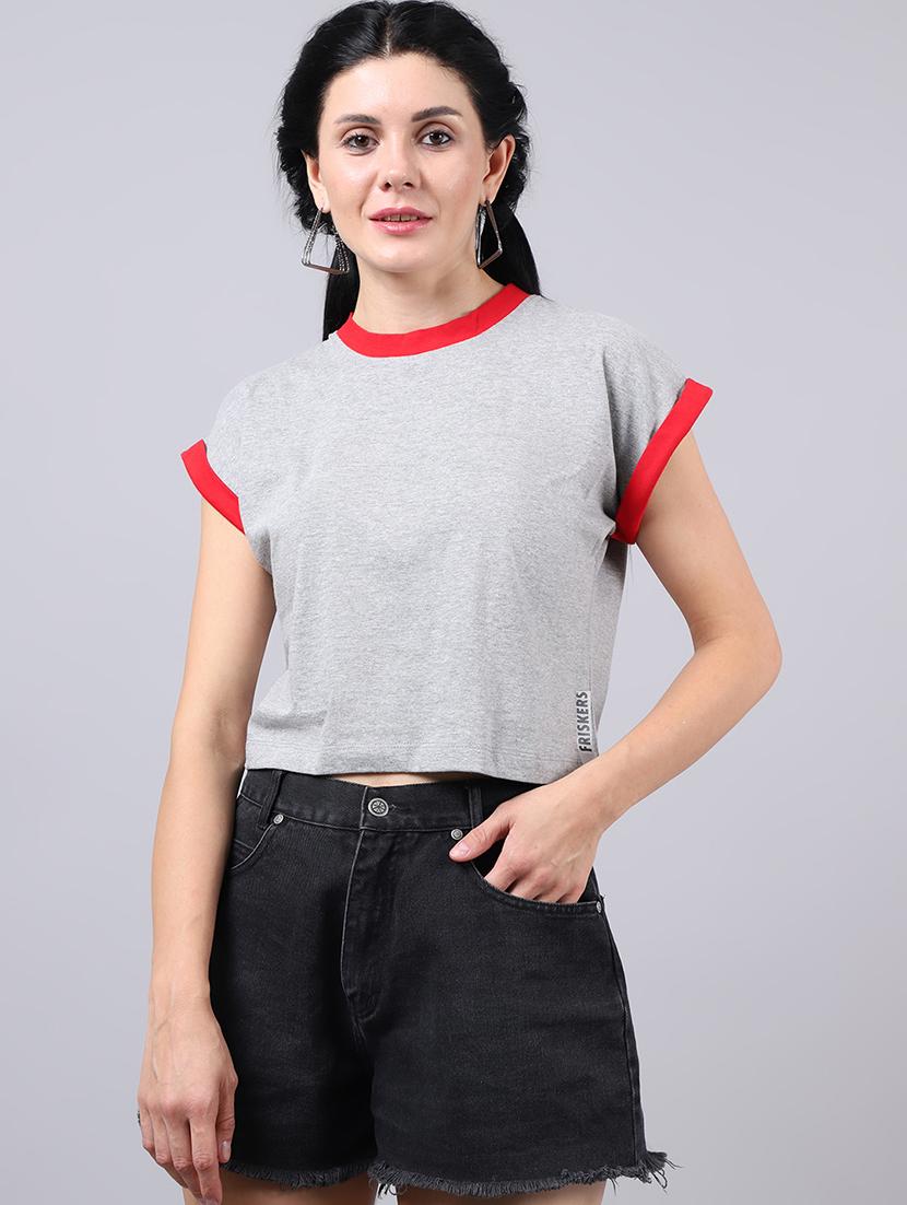 grey round neck solid crop t-shirt - 19313727 - Zoom Image - 0