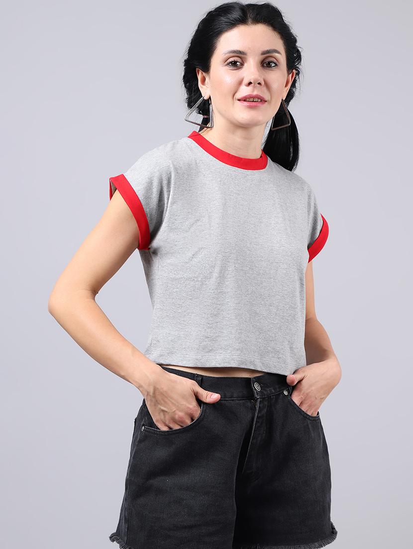 grey round neck solid crop t-shirt - 19313727 - Standard Image - 1