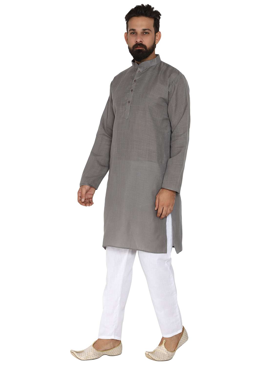 grey solid long kurta pyjama ethnic wear set - 19313967 - Standard Image - 1
