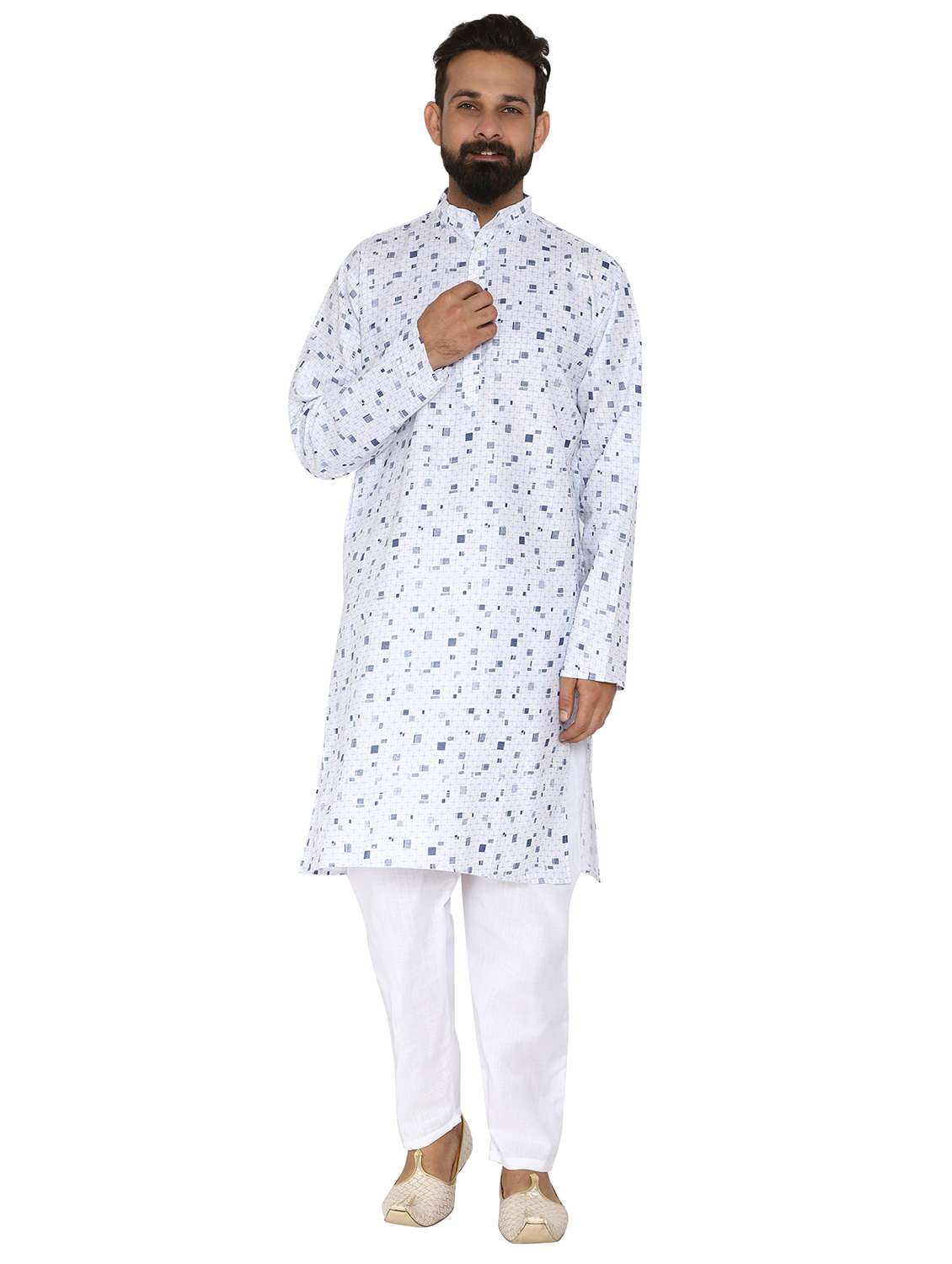 blue printed long kurta pyjama ethic wear set