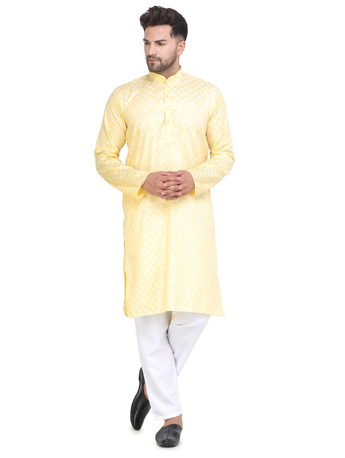 yellow long kurta pyjama ethic wear set