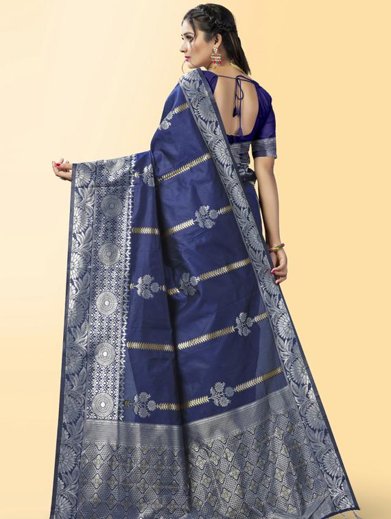 dark blue silk banarasi saree with blouse - 19323529 - Standard Image - 1