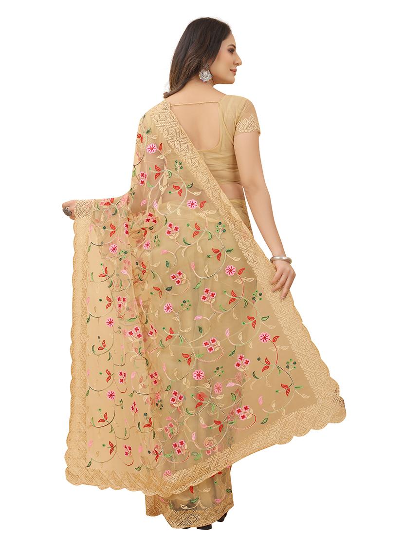 beige net embroidered saree with blouse - 19325732 - Standard Image - 1