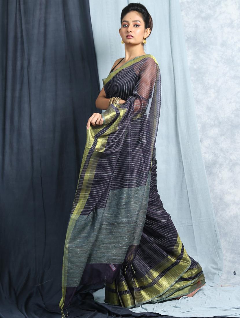 women's stripes black colored saree with blouse - 19328894 -  Standard Image - 1