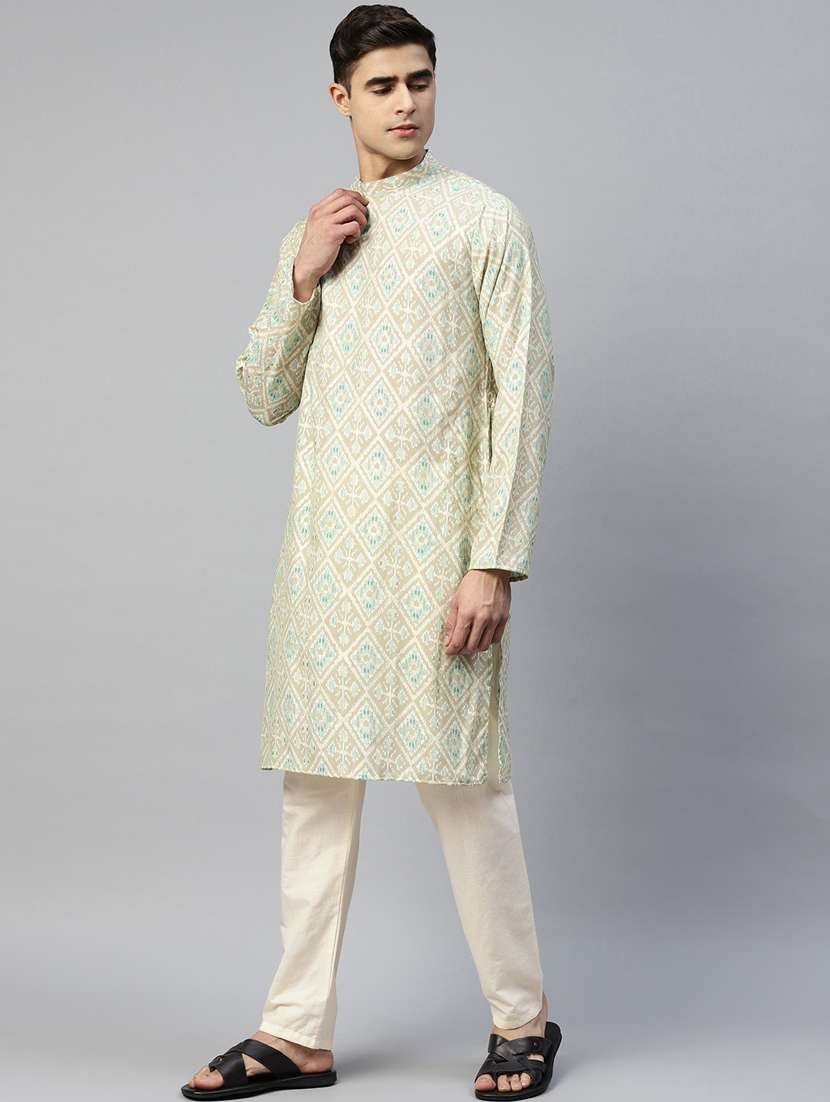 straight style grey color cotton printed kurta with cream pajama - 19332988 -  Standard Image - 1