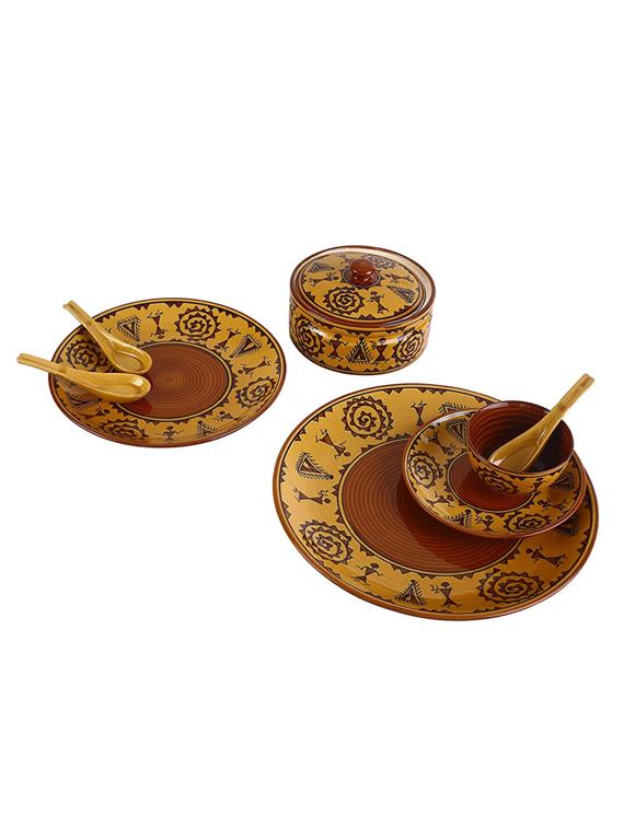caffeine ceramic handmade mustard romani combo dinner set (37 pcs. microwave safe & dishwasher safe ) - 19333150 - Zoom Image - 0