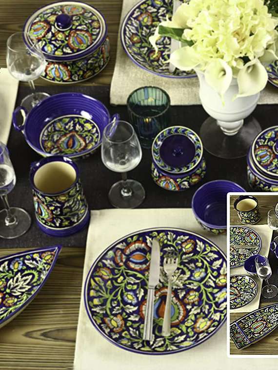 caffeine ceramic handmade blue jaipuri dinner set (37 pieces - microwave & dishwasher safe) - 19333151 -  Standard Image - 1