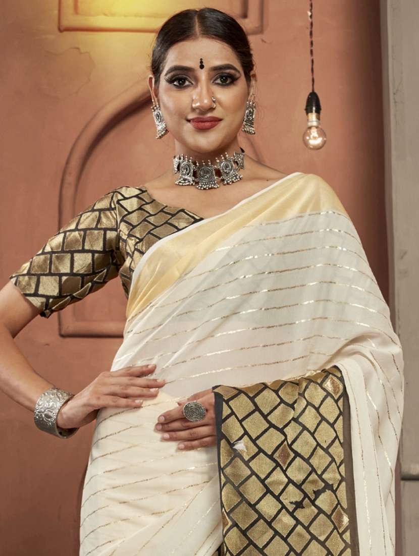 beige stripes saree - 19333503 - Standard Image - 1
