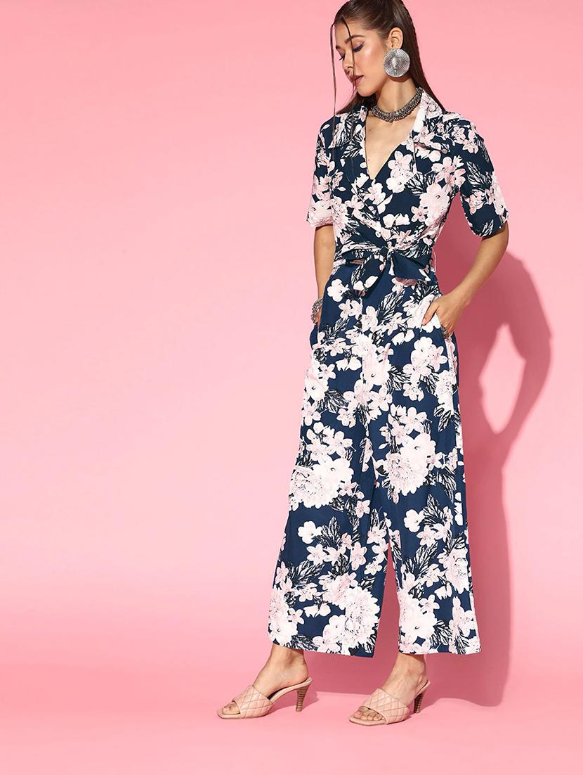 navy blue polyester full leg jumpsuit - 19336304 - Standard Image - 1