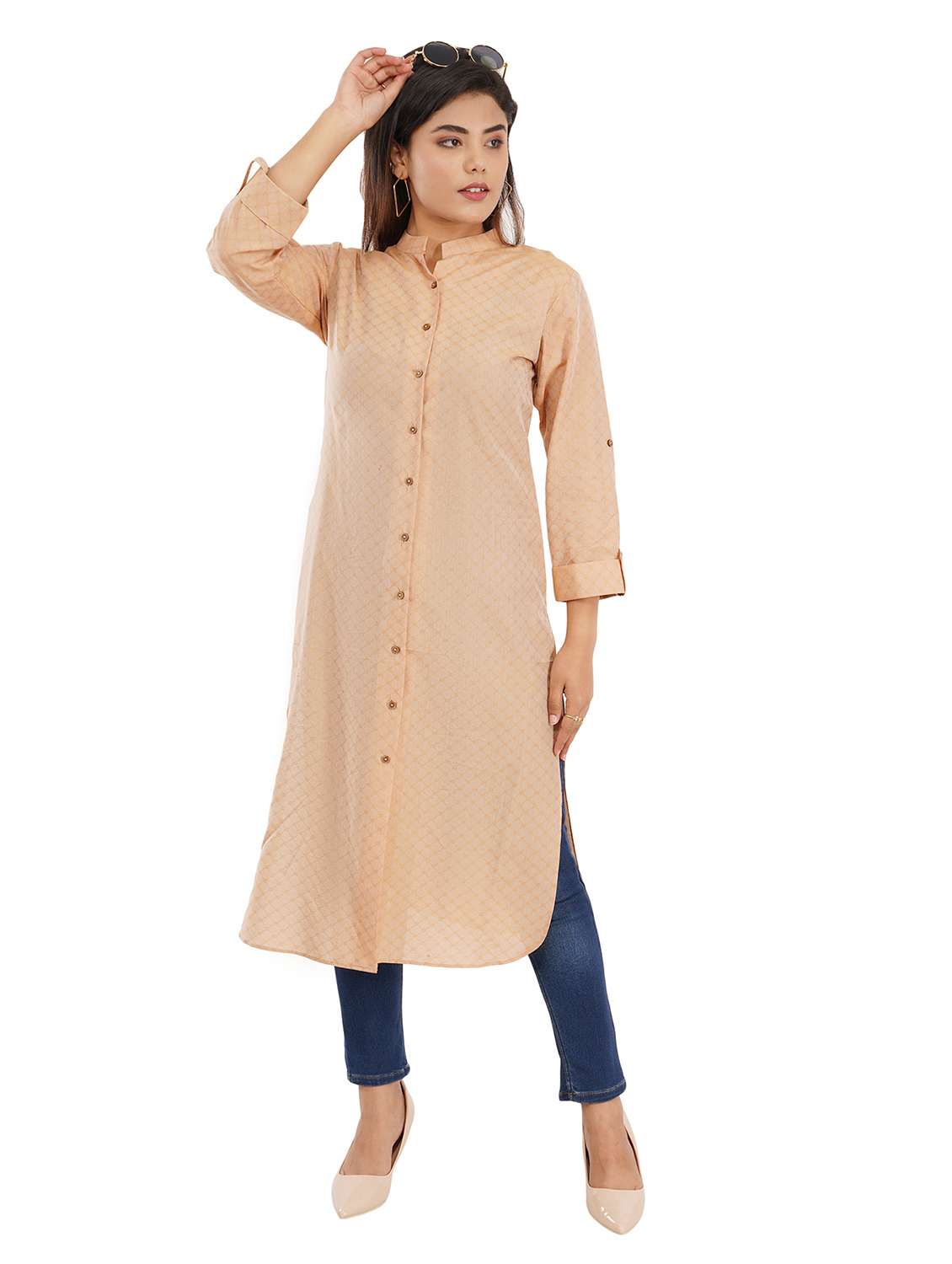 self design cotton front slit kurta - 19336979 -  Standard Image - 1